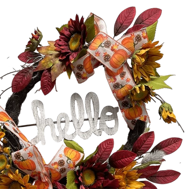Senmasine 24 英寸感恩节秋收花环带 Hel​​lo 标志秋收叶子向日葵南瓜图案蝴蝶结