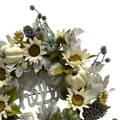 Senmasine 24-Zoll-Kürbis-Erntedankkranz mit weißem Sonnenblumen-Glitzer-Tannenzapfen, Hallo-Schild, Herbstdekoration