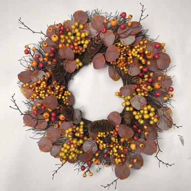 Senmasine 22 Inch Artificial Eucalyptus Autumn Wreath With Red Berries Pinecone Fall Harvest Hanging Decoration