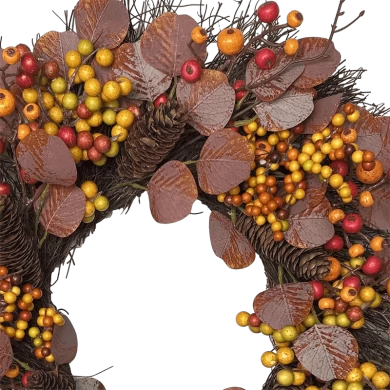 Senmasine Couronne d'automne artificielle d'eucalyptus de 22 pouces avec décoration suspendue de récolte d'automne de pomme de pin de baies rouges