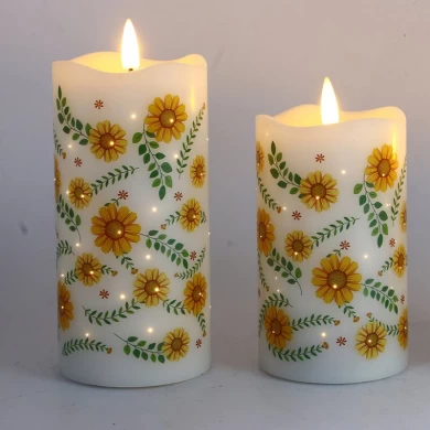 Senmasine Led Wax Candle Bullet Lamp Head Flameless Candles Flower Printing Pattern Fiber Optic Flicker
