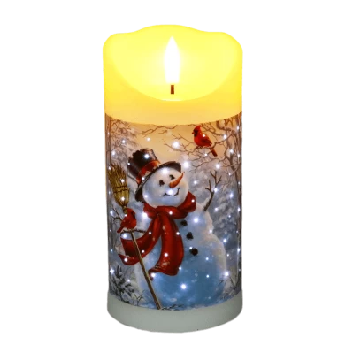 Senmasine 7.5*15cm Wax Fiber Optic Flickering Candles Print Christmas Tree Snowman Pattern Flameless Led Christmas Candle