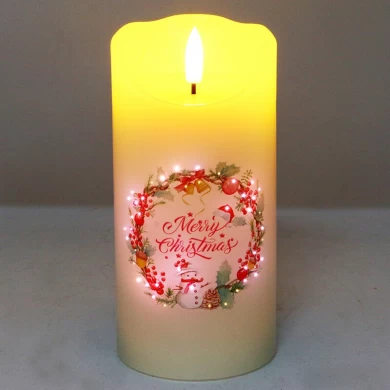 Senmasine 7.5*15cm wosk światłowodowy migoczące świece drukuj choinka wzór bałwana bezpłomieniowa świeca bożonarodzeniowa Led