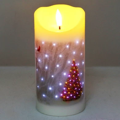 Senmasine 7.5*15cm Wax Fiber Optic Flickering Candles Print Christmas Tree Snowman Pattern Flameless Led Christmas Candle