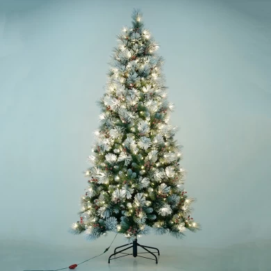 Senmasine LED-Licht-Weihnachtsbaum mit roten Beeren, 2,1 m, schneebeflockt, künstliche PVC-Hartnadel