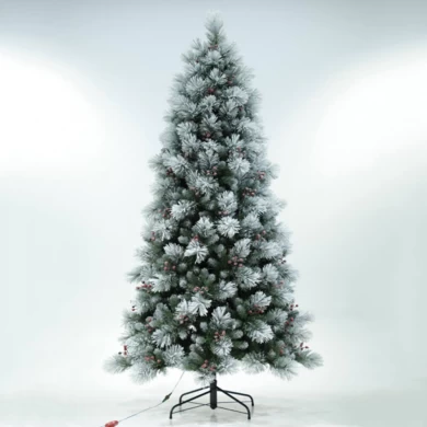 Senmasine Albero di Natale leggero a LED con bacche rosse 7,5 piedi Ago rigido in PVC artificiale floccato con neve