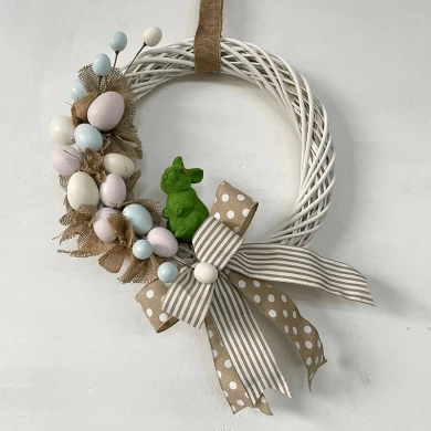 Senmasine 24 Inch Easter Wreath For Front Door Mixed Egg Linen Ribbon Flocking Rabbit Hanging Decoration