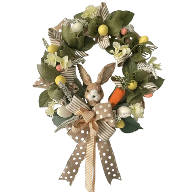 Couronne de lapin de Pâques Senmasine avec feuilles artificielles, nœuds de ruban de carotte, lapin 16 pouces, 20 pouces, 24 pouces, 26 pouces