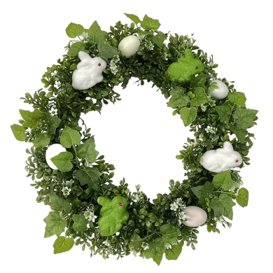 Senmasine 22inch 24inch Artificial Easter Wreath With Colorful Eggs Rabbit Flowers Green Leaves Decoration