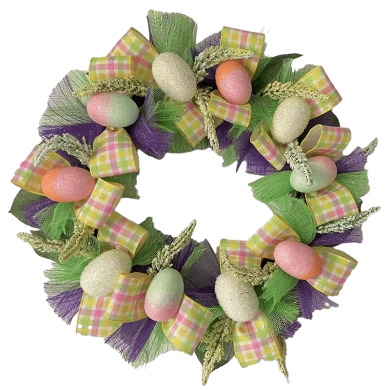 Senmasine 复活节门花环悬挂装饰混合彩蛋人造树叶丝带蝴蝶结兔子