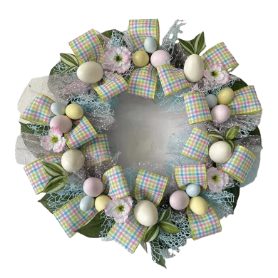 Senmasine huevo Pascua puerta corona decoración con lazos de cinta flores artificiales hojas conejo de Pascua