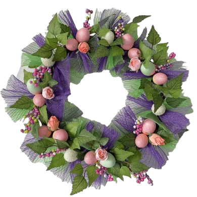 Senmasine Ovo Porta de Páscoa Decoração de guirlanda com laços de fita Flores artificiais Folhas Coelho de Páscoa