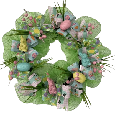 Senmasine Ovo Porta de Páscoa Decoração de guirlanda com laços de fita Flores artificiais Folhas Coelho de Páscoa