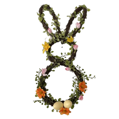 إكليل أرنب عيد الفصح من سنماسين مع أرنب البيض والأقواس الشريطية الملونة والزهور الاصطناعية وأوراق الديكور