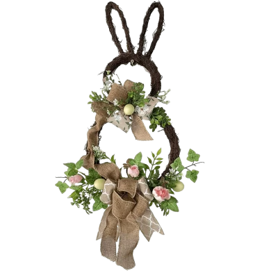 Senmasine イースターバニーリース卵ウサギカラフルなリボン弓造花葉装飾