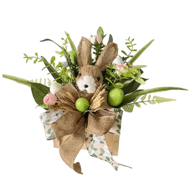 Senmasine Osterdekoration mit Schleifen, gemischtes Kaninchen, Hase, Kunststoff-Ei, künstliche Blätter, Korb, Topfpflanzen