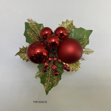 Senmasine red christmas ornament balls picks with glitter branch artificial leaves xmas DIY decoration
