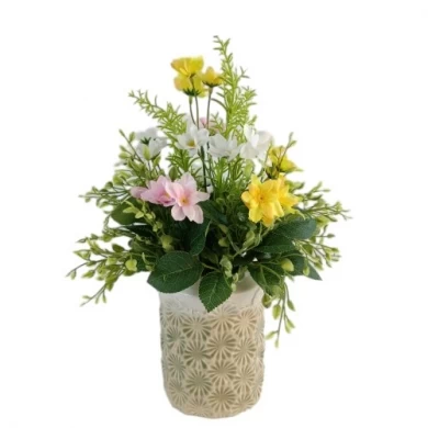 Senamsine Frühlingsblumen-Dekor, künstliche grüne Blätter, grüne Sträucher, Pflanzen mit Keramik-Metallbecken