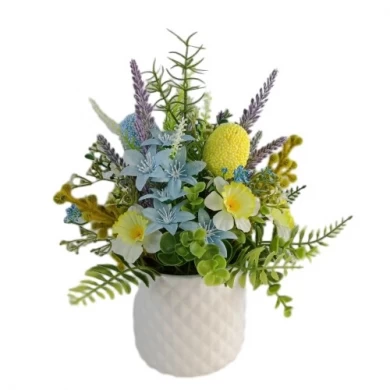 Senamsine Frühlingsblumen-Dekor, künstliche grüne Blätter, grüne Sträucher, Pflanzen mit Keramik-Metallbecken