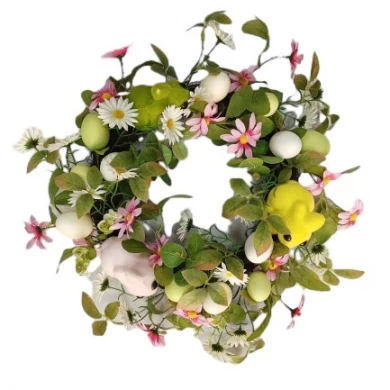 Senmasine Oster-Türkränze, künstlicher Frühlingskranz, Dekoration, gemischte Blumen, grüne Blätter, Kunststoff-Ei, Kaninchen, Hase