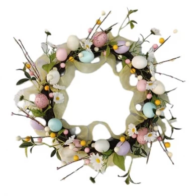 Senmasine Oster-Türkränze, künstlicher Frühlingskranz, Dekoration, gemischte Blumen, grüne Blätter, Kunststoff-Ei, Kaninchen, Hase