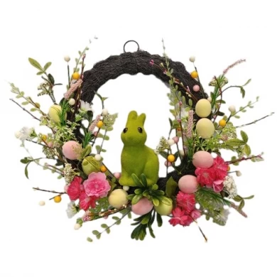 Senmasine イースタードア花輪人工春の花輪装飾混合花緑の葉プラスチック卵ウサギバニー