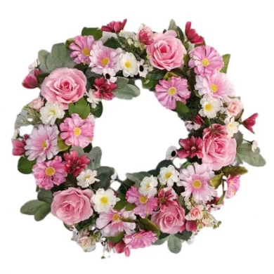 Senmasine Frühlingsblumenkranz, künstliche Blumen, Rosen, Pfingstrosen, gemischte grüne Blätter, Schleifen, Haustür-Hängedekoration