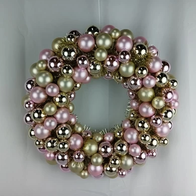 Senmasine 40cm ornament ball wreath with pink gold baubles tinsel metal base front door hanging decor