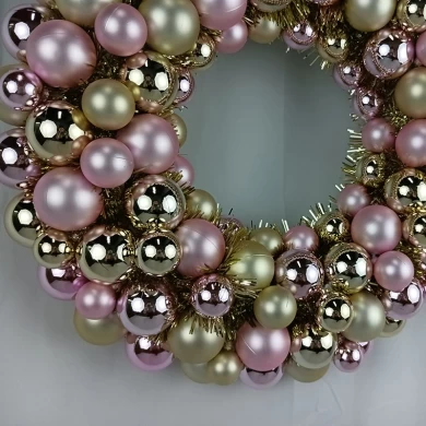 Senmasine 40cm ornament ball wreath with pink gold baubles tinsel metal base front door hanging decor