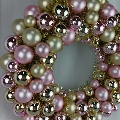 Senmasine 40cm ornament ball wreath with pink gold baubles tinsel metal base front door hanging decor