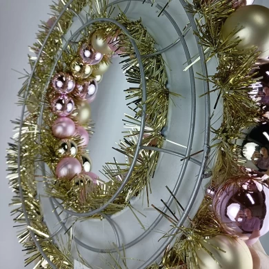 Senmasine 40cm ornament ball wreath with pink gold baubles tinsel metal base front door hanging decor