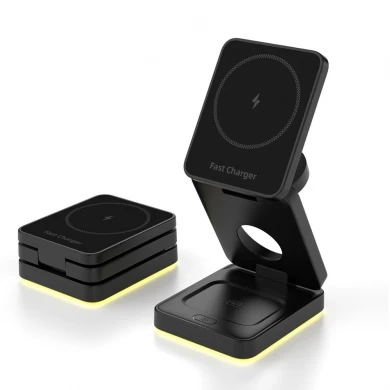 Supporto per caricabatterie MagSafe wireless magnetico pieghevole 4 in 1 con luce notturna touch regolabile per Apple Watch AirPods e iPhone (MH-Q520)