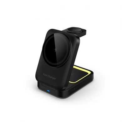 Stazione di ricarica wireless magnetica pieghevole personalizzabile ODM OEM con luce notturna touch regolabile per auricolari iWatch e iPhone (MH-Q530)