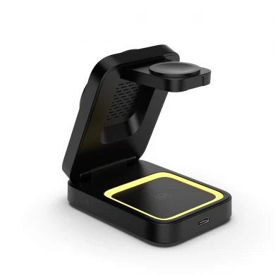 Stazione di ricarica wireless magnetica pieghevole personalizzabile ODM OEM con luce notturna touch regolabile per auricolari iWatch e iPhone (MH-Q530)