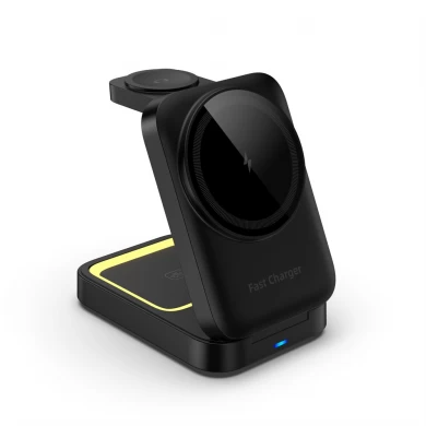 Stazione di ricarica wireless magnetica pieghevole personalizzabile ODM OEM con luce notturna touch regolabile per auricolari iWatch e iPhone (MH-Q530)