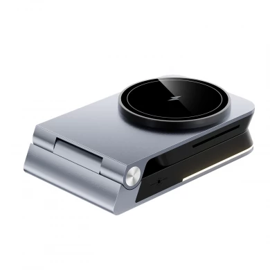 Caricabatterie MagSafe wireless pieghevole in lega di alluminio con luce notturna touch e indicatore di ricarica LED per Apple Watch AirPods e iPhone (MH-Q560)