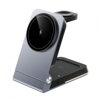 Caricabatterie MagSafe wireless pieghevole in lega di alluminio con luce notturna touch e indicatore di ricarica LED per Apple Watch AirPods e iPhone (MH-Q560)