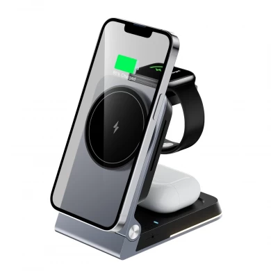 Caricabatterie MagSafe wireless pieghevole in lega di alluminio con luce notturna touch e indicatore di ricarica LED per Apple Watch AirPods e iPhone (MH-Q560)