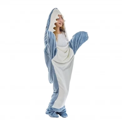 Носимое фланелевое одеяло с изображением акулы, одеяло с капюшоном и спальным мешком