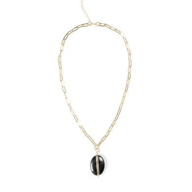 Black Onyx Pendant Paperclip Link Chain Necklace.