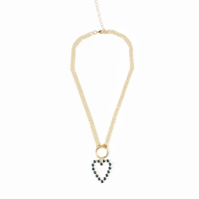 Heart Shaped Blue Glass Beads Pave Pendant Trendy Necklace.