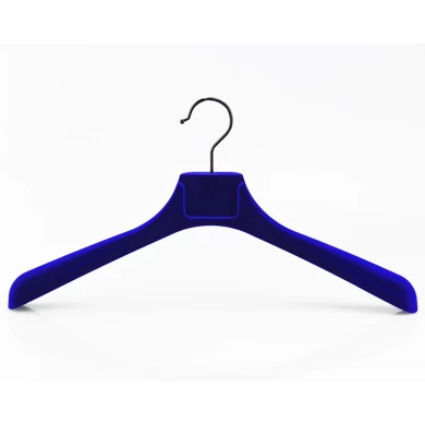 MTV-002 China Kleiderbügel Fabrik Luxus blau Samt beflockt Kunststoff Kleiderbügel Männer Mantel Jacke Kleiderbügel