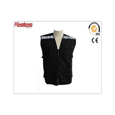 China functional and practical black  vest ,  65%polyester35%cotton fabric zippers vest