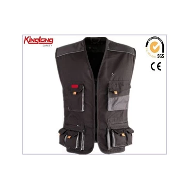 Many EU Pockets Mens Canvas V Neck Vest, Two Tone Canvas Working vest with a zipper