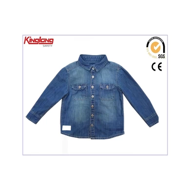 Jeansoverhemd van geavanceerd materiaal voor kinderen, overhemd met borstzakken en knopen met enkele rij knopen
