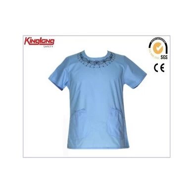 Fresh and elegant  blue scrubs with embroidery butterfly, 65%polyester35%cotton scrubs with chest pockets