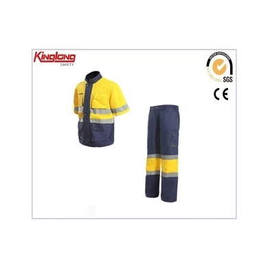 High visibility fuo yellow reflecting suit, chest pockets shirt elastic waist pant suit uniform