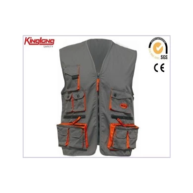 Proveedor de chalecos de seguridad de polialgodón con múltiples bolsillos, chaleco de trabajo de sarga multifunción con botón de latón