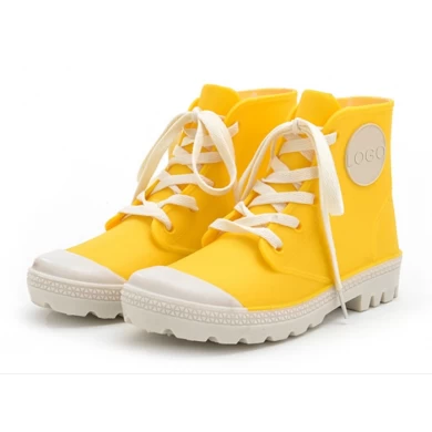 柠檬黄色时尚脚踝高花边女士雨鞋
