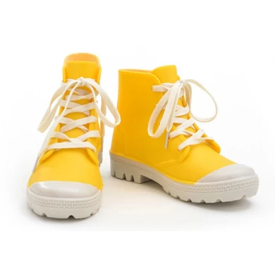 柠檬黄色时尚脚踝高花边女士雨鞋